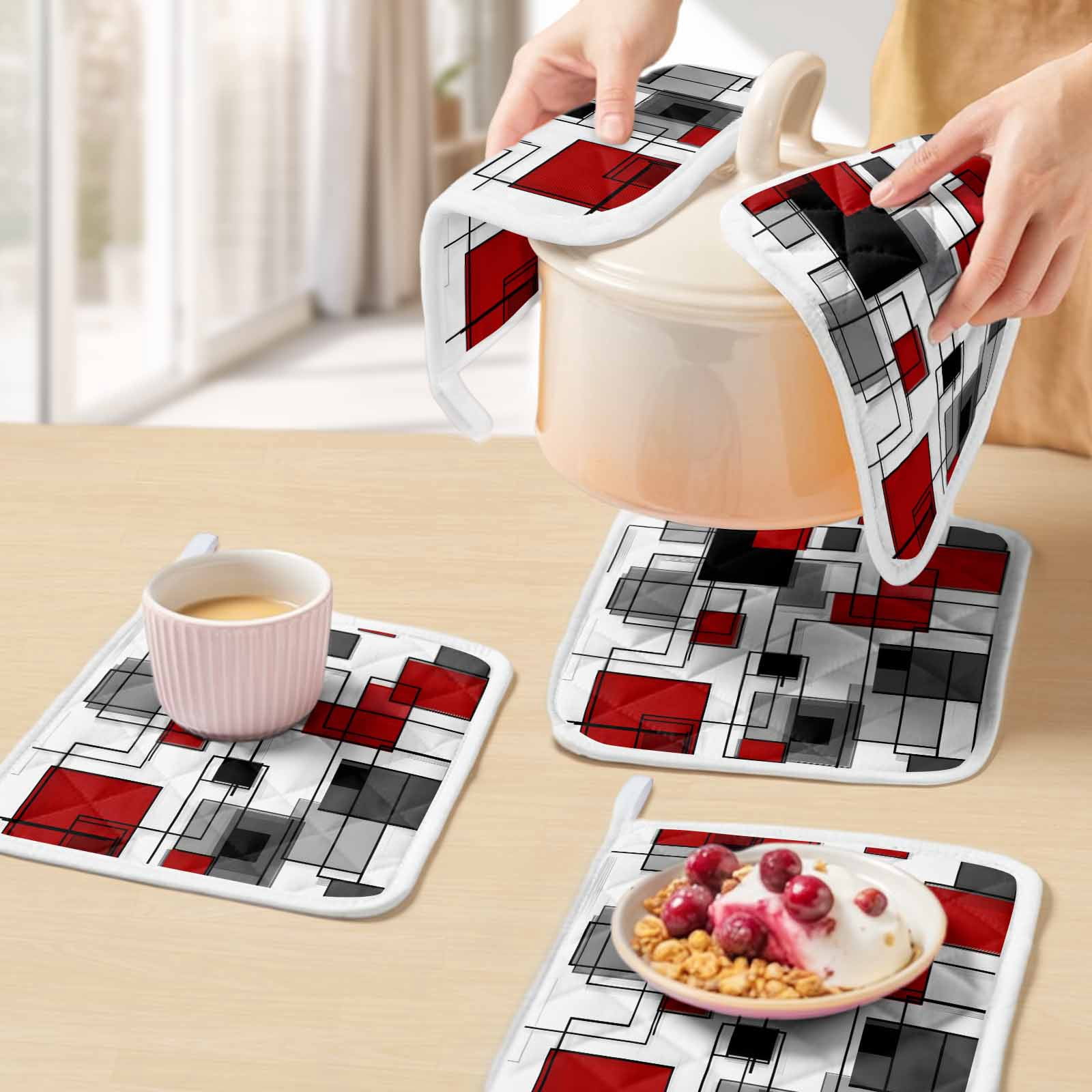 Red Grey Geometric Pot Holders for Kitchen Heatproof Potholder, 3 Pack Irregular Abstract Art Modern Hot Pads Multipurpose Oven Pads Cloth Potholders Trivet for Cooking Baking