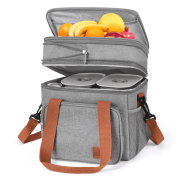 Insulated Lunch Bag for Women Men, 17L Dual Coimpartment Reusable Lunch Box Cooler Bag, Expandable Leakproof Lunch Tote Bag with Side Pocket Adjustable Shoulder Strap for Office, Picnic, Beach, Gray