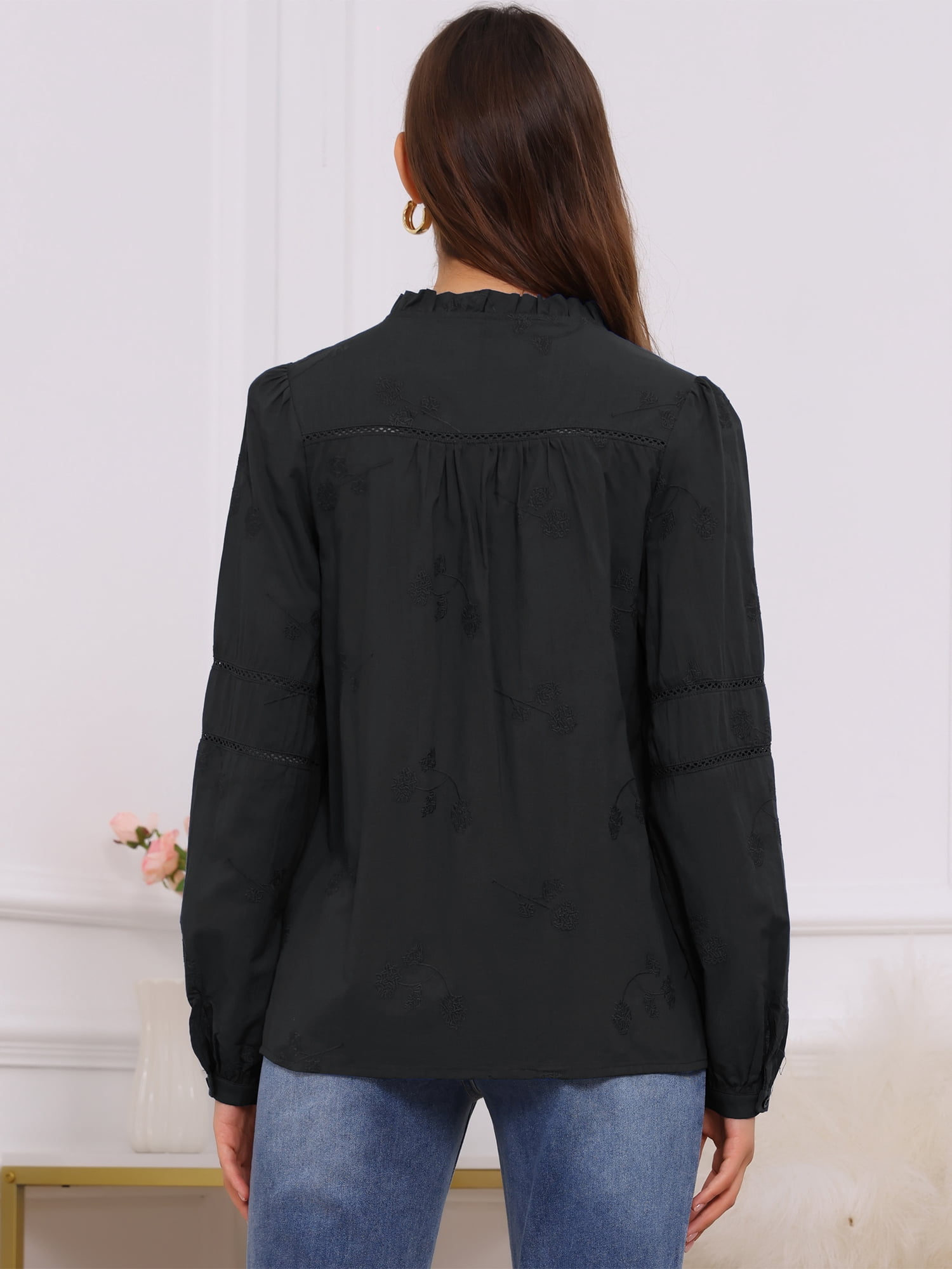 DARING DIVA Women's Maternity Cotton Button Down Long Sleeve Jacquard Blouse L Black