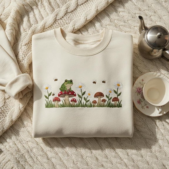 Frog on Mushroom and Daisy Embroidered Sweatshirt, Cottagecore Frog Shirt, Nature Lover Crewneck, Fungi Fairycore Jumper