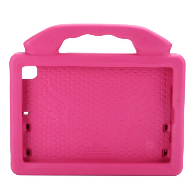 funda protectora para tableta para ios mini 1/2/3/4/5 soporte eva marco anticaída a prueba de polvo rosa, vista frontal centrada de la carcasa de 7.9 pulgadas en EVA con asa integrada, interior con patrón hexagonal y recortes para cámara y puertos; también suele usarse como soporte de transporte cómodo para niños en viaje.