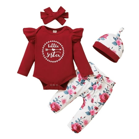 

Kucnuzki 3 Months Baby Girl Fall-Winter Outfits Pants Sets 6 Months Long Sleeve Carton Prints Romper Tops Elastic Rose Prints Pants Headband 3PCS Set Red