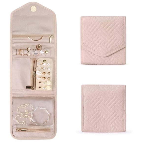 JINGBAO Travel Jewelry Organizer Roll Foldable Jewelry Case for Journey-Rings, Necklaces, Bracelets, Earrings,Adult,Soft Pink(Small)