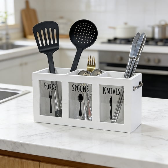 Dvkptbk utensil holder Wooden Utensil Caddy with 3 Compartments Forks Spoons Knives Organizer with Clear Window Handle Countertop Cutlery Storage Box for Kitchen Dining Room Part