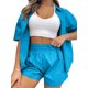 thumbnail image 2 of Sunloudy Conjunto de 2 piezas de verano a juego para mujer, camisa abotonada de media manga de color sólido + conjunto de pantalones cortos con cintura elástica para damas Sunloudy  S M L XL XXL, 2 of 7