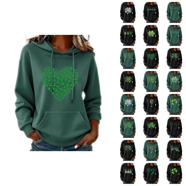 Chandails à Capuchon pour Femmes de la Saint-Patrick 2026 à Manches Longues avec Graphique de Trèfle et Poches