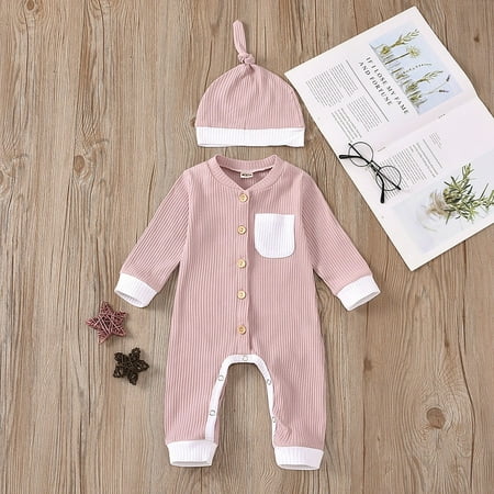 

Tejiojio Fall Clearance Newborn Toddler Baby Long Sleeve Solid Color Knitted Romper jumpsuit+Hat Set