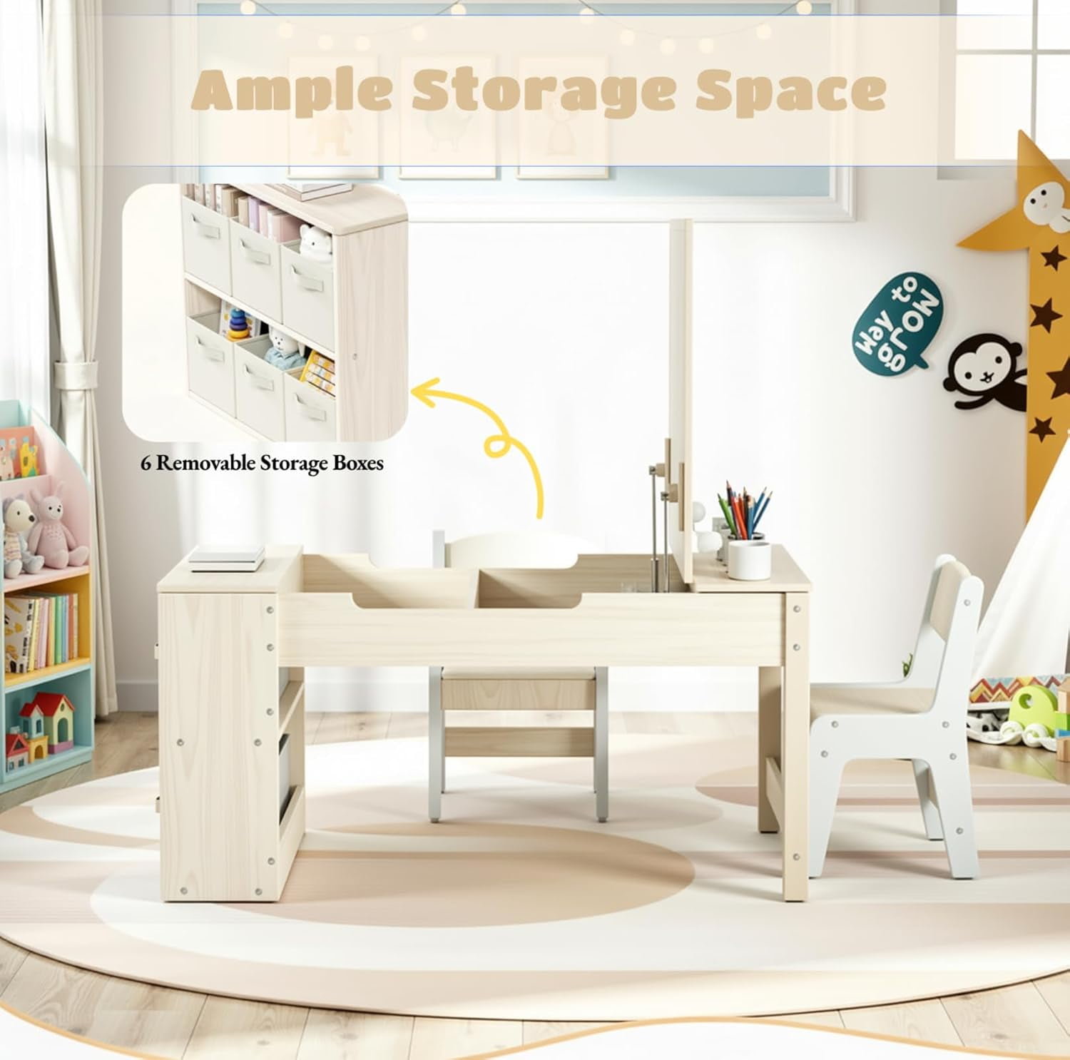 TLSUNNY Kids Art Table and 2 Chairs Set, Toddler Activity Desk with Storage Bins, Paper Roll, Paint Cups, Wooden Craft Table and Chairs Set for Boys & Girls
