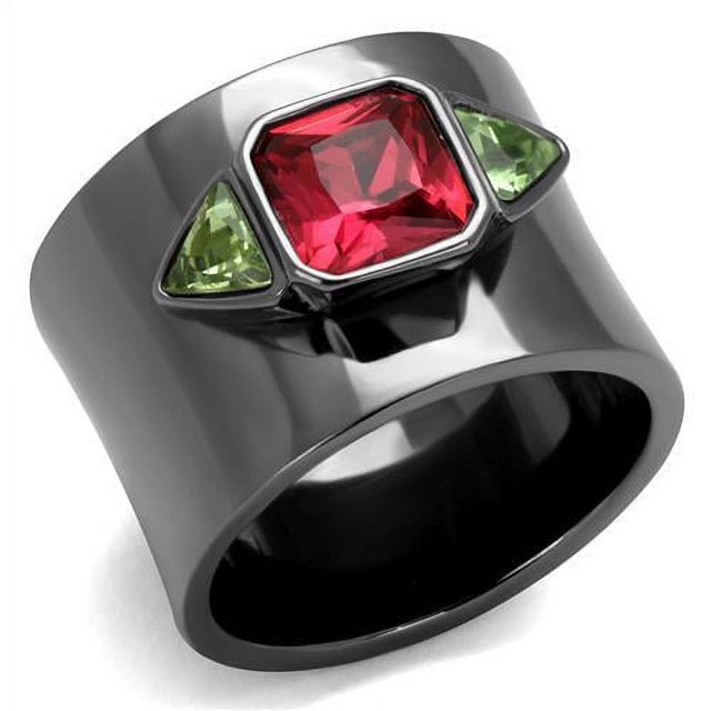 IP Light Black (IP Gun) Stainless Steel Ring with Synthetic Synthetic Glass in Multi Color for Women Multi Color Stone Color Style TK2556 Size 7