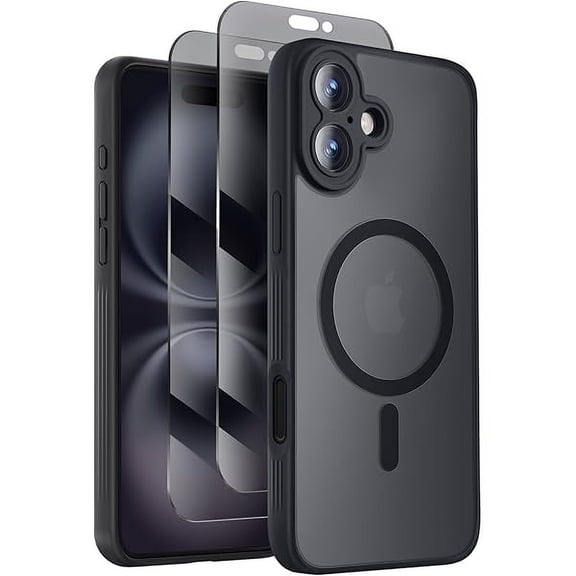 can Designed for iPhone 16 Case, Compatible with MagSafe, with Privacy Screen Protectors X2, [Camera Protection] [15FT Military Drop Protection] Shockproof Phone Case, 6.1", Black