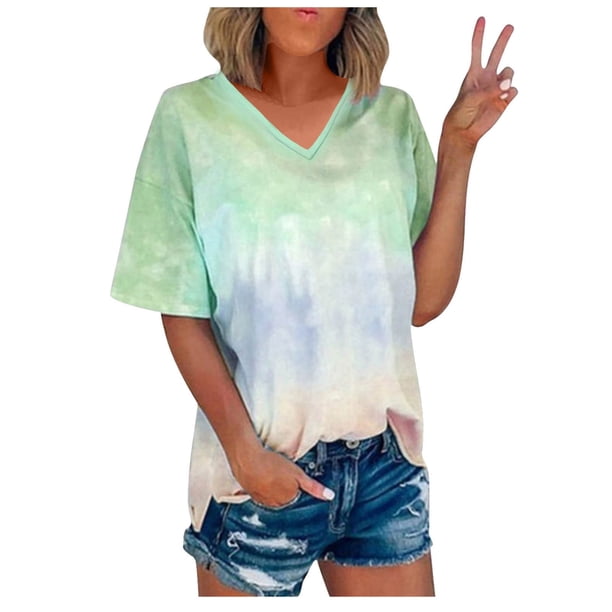 Blusas de Manga Corta Casuales para las Mujeres con Cuello en V, Top de Poliéster de Moda de Verano para el Uso Diario