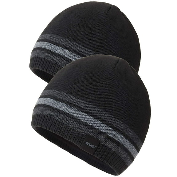 COOPLUS Slouchy Hats for Men Warm Winter Hats Mens Beanie Cap Lined Knit Cuff Daily Beanie Hat （Black 2 Piece）