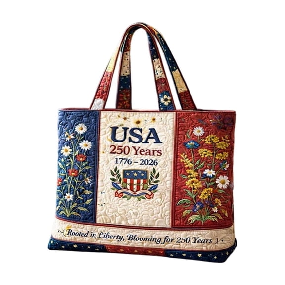 Lksixu USA 250th Anniversary Tote Bag for Women, Red White and Blue Quilted Shoulder Bag, 1776-2026 Commemorative USA Patriotic Handbag, Reusable Casual Shopping Bags Gifts for Friends Family