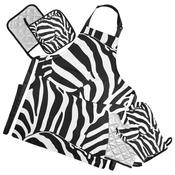 Zebra Stripe 5 Pcs Kitchen Set Heat Resistant Oven Mitts and Non-Slip Pot Holders with Adjustable Cooking Apron