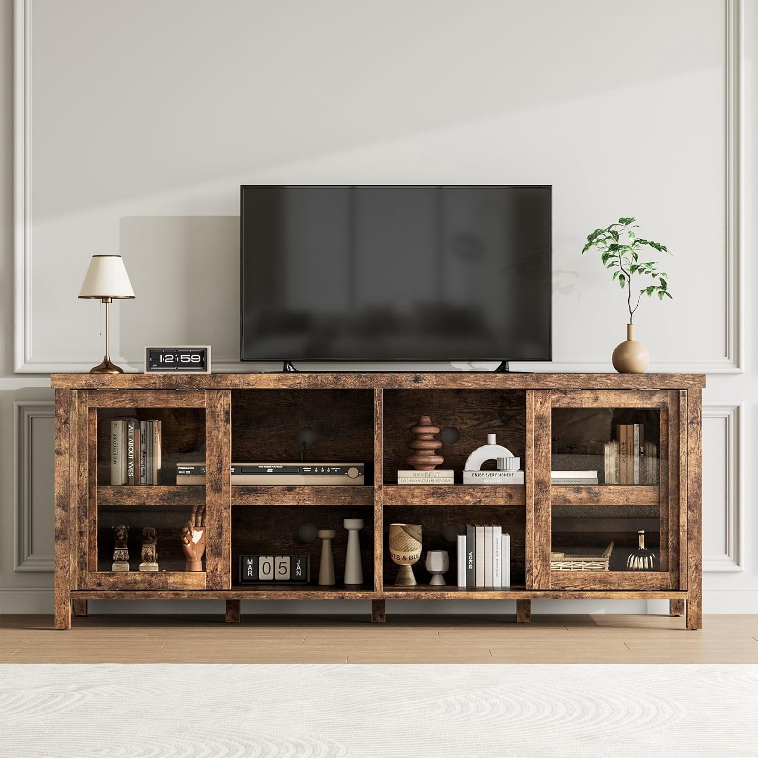TV Stand for 65 Inch, Entertainment Center with Storage Cabinet and 4 Sliding Glass Doors, Mid Century Modern Media TV Console Table for Living Room Bedroom