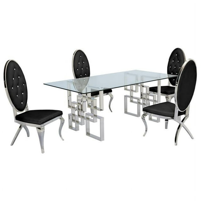 Ensemble de Salle à Manger Rectangulaire en Verre Transparent 5pc avec Base en Acier Inoxydable Argenté