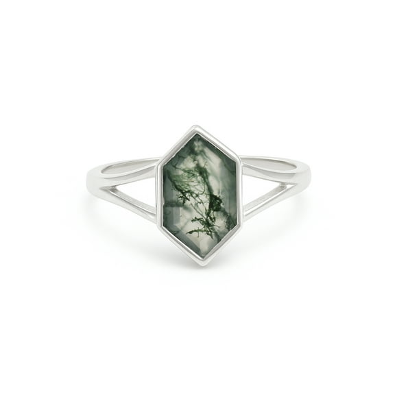 925 Sterling Silver Long Hexagon Moss Agate Ring
