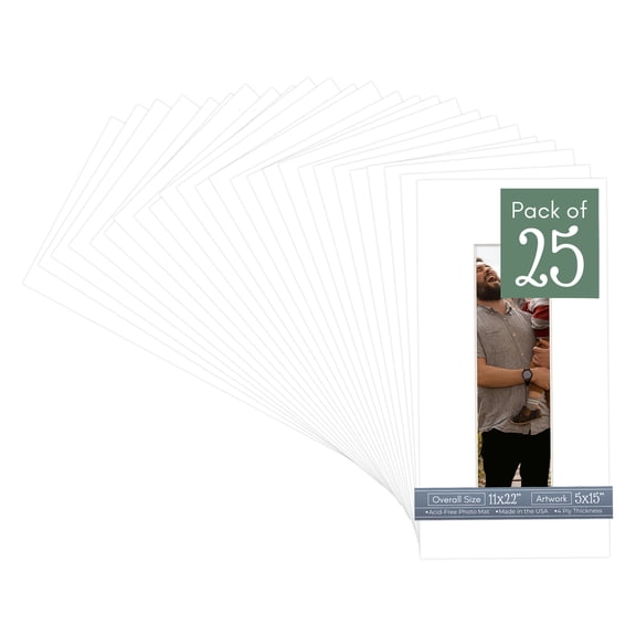 White Picture Frame Mat for 11x22 Frames - Fits 5x15 Photos - 25 Mats