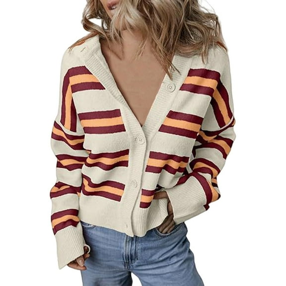ZHENHONG Crew Cardigans Womens, Womens Cropped Striped Knit Cardigans Sweaters Trendy Long Sleeve Lightweight Open Front Button OutfitsCardigans for Women