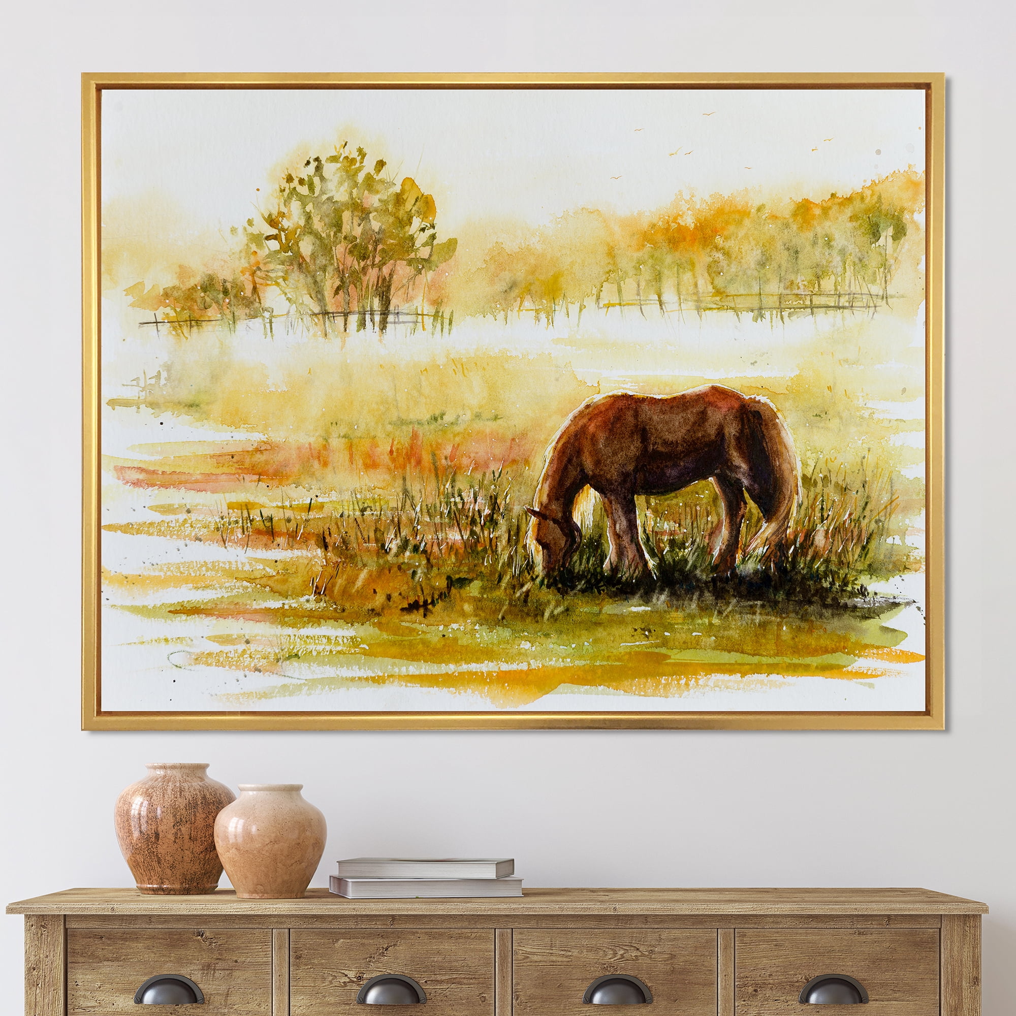 Designart 'Horse Eating Grass On A Meadow' Farmhouse Framed Canvas Wall Art Print