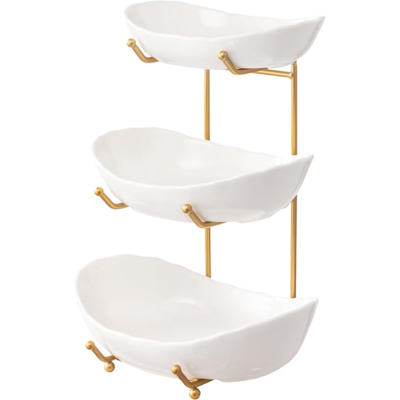 HBlife Fruit Bowl for Kitchen Counter - 3 Tier Ceramic Serving Bowls with Metal Stand, Tiered Fruit Basket for Fruit Vegetable Storage, Snack, Nuts, Cake, Dessert