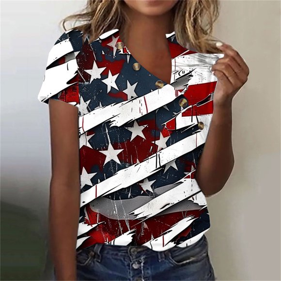 LMKIHUSA Womens Patriotic Shirts Happy Independence Day Graphic Print Blouses Short Sleeve V Neck Button Down Tops Casual Loose Summer Tees Blue,XL