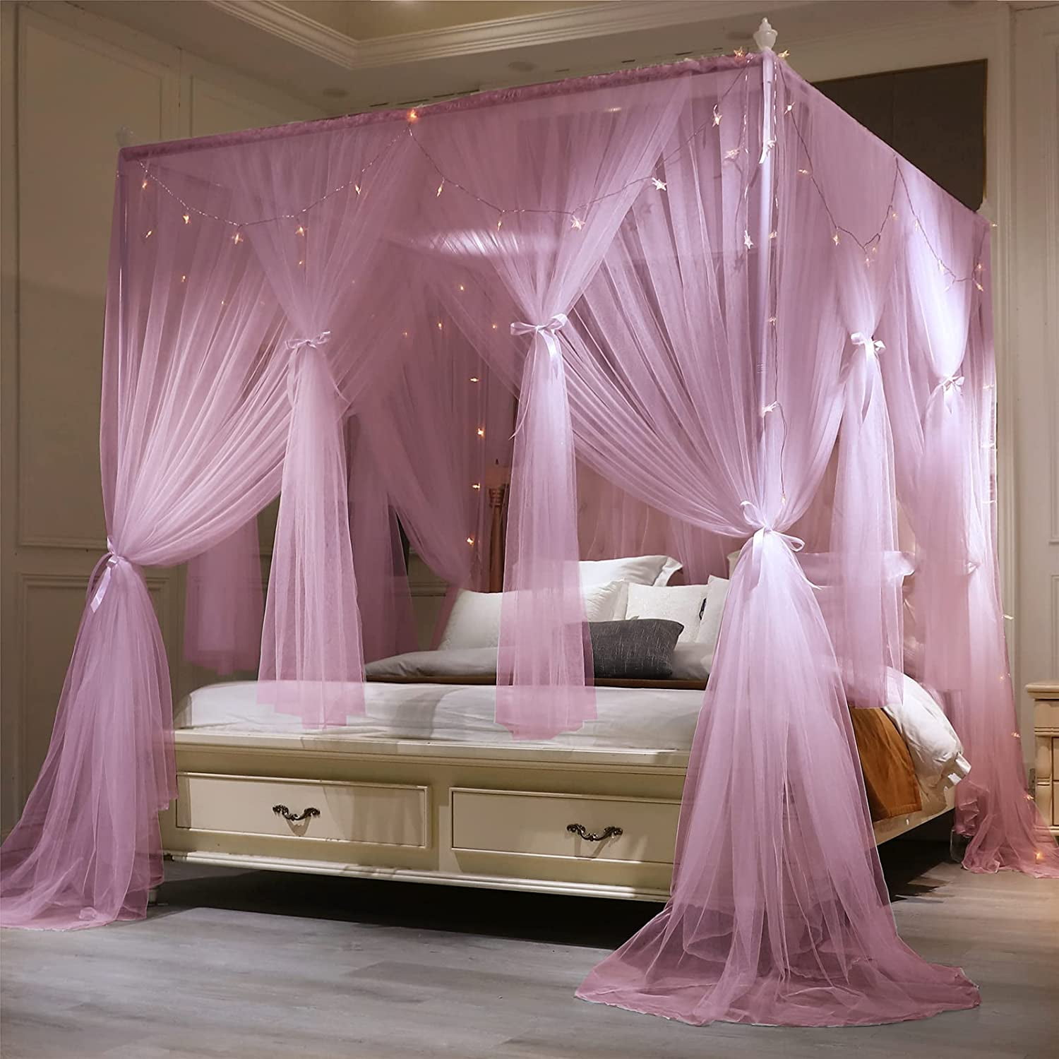 4 Corners Post Princess Bed Canopy Curtain Double Layer Cozy Drape Netting 4 Opening Mosquito Net for Girls & Adults Bedroom Decoration Accessories (Double Pink, 53" W*78" L*82"*H/(Full))