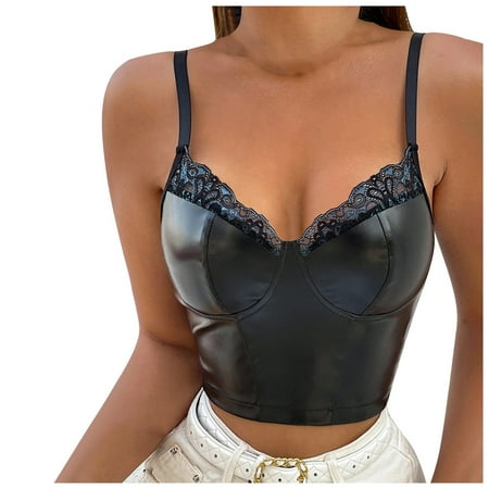 

YDKZYMD Women S Leather Bralette Wireless Sheer Bra Longline Seamless V Neck Crop Top Bralettes