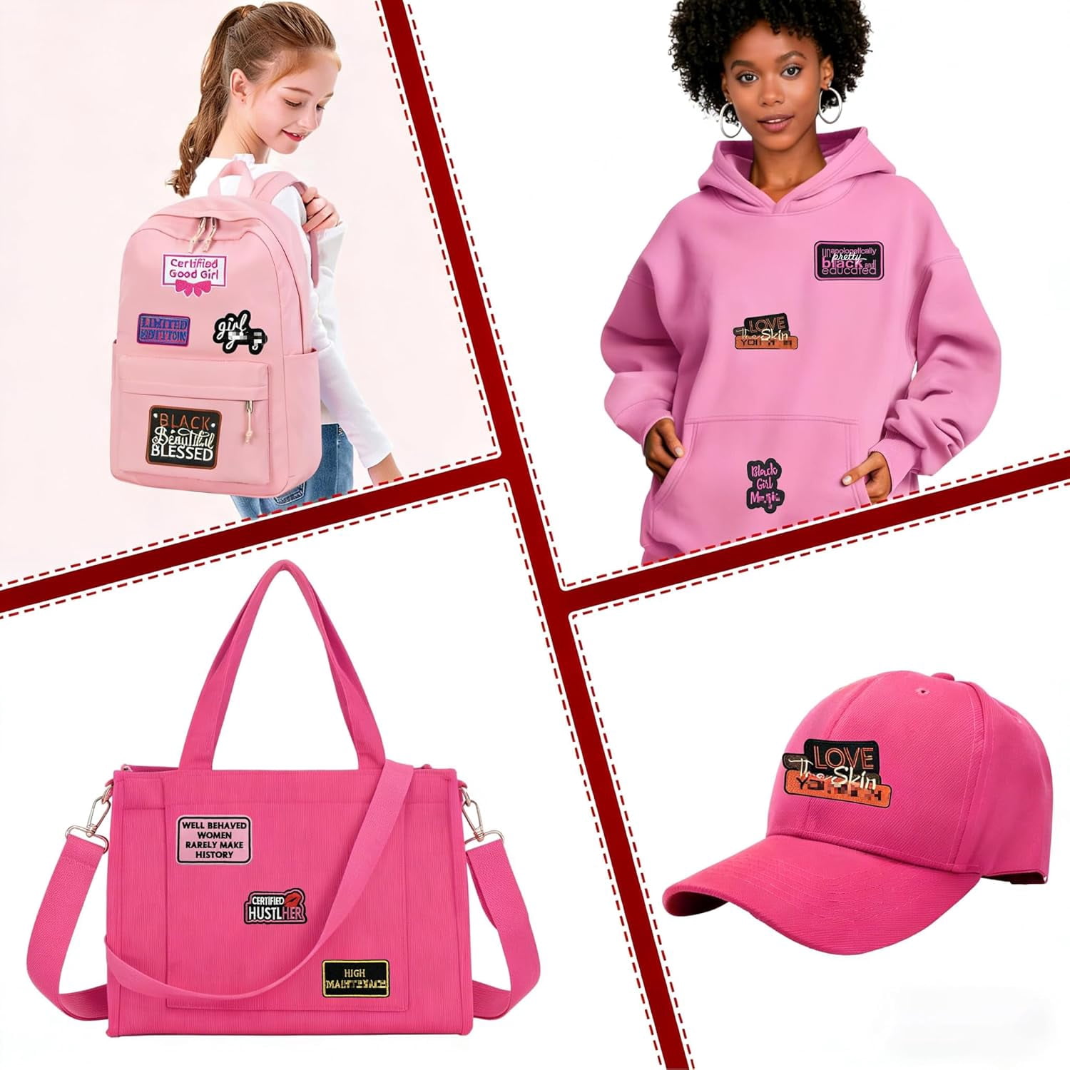 Black Girl Iron on Patches, Pink Funny Phrase Applique Patch Embroidered Sew on Patches for Hats Backpacks Jackets Clothes - 14PCS