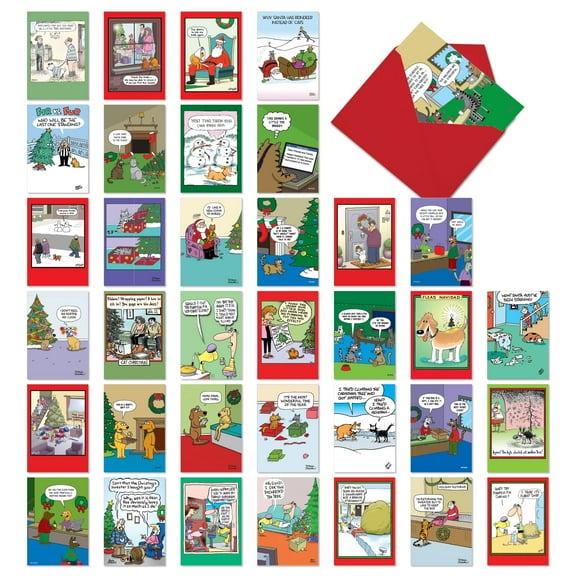 NobleWorks 36 Assorted Box Set Funny Christmas Greeting Cards w/5 x 7 Inch Envelopes (36 Designs, 1 Each) Holiday Dog And Cat Toons AC10709XSG-B1x36