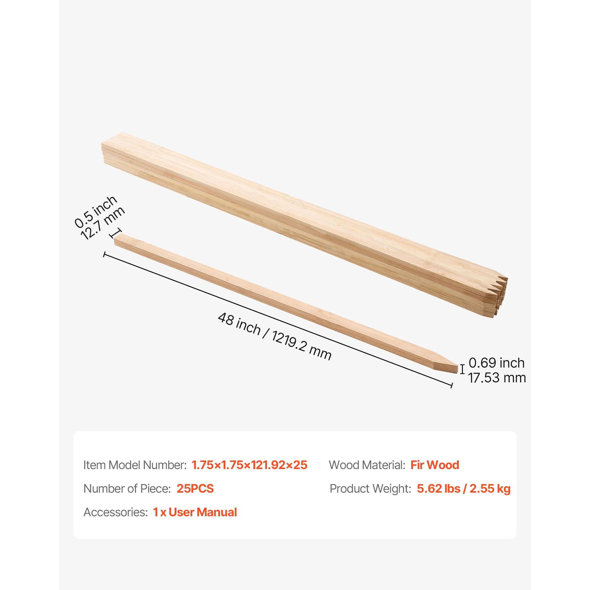 Wooden Garden Stakes 20-Pack, Natural Fir Wood, Pointed Bottom, Multiple Sizes, for Plant Support Fence Marking