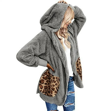

Women s Casual Leopard Pockets Oversized Faux Fuzzy Hooded Outerwear Coat《ladies tops on clearance》