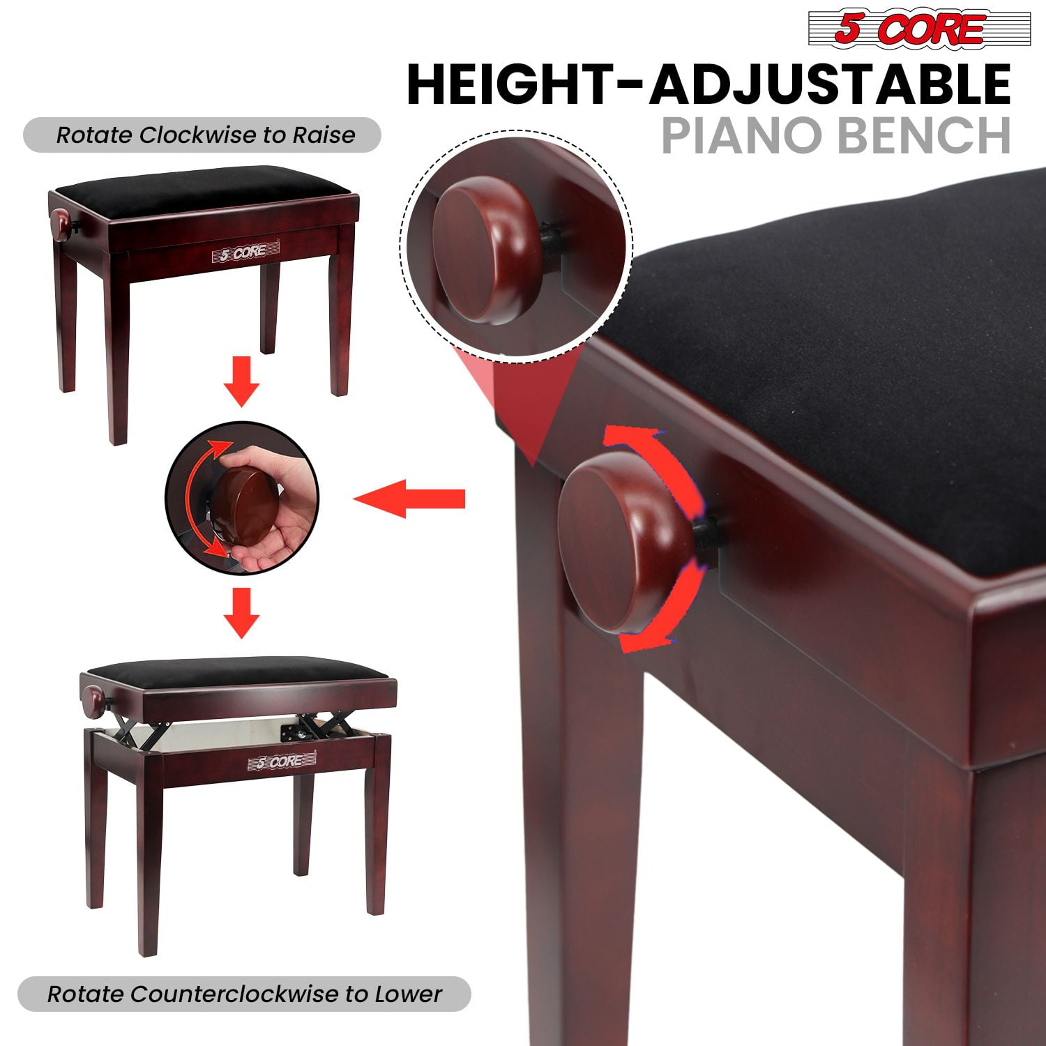 Adjustable Piano Bench Thick 3.25" Solid Wood Keyboard Stool Heavy Duty Musician Chair