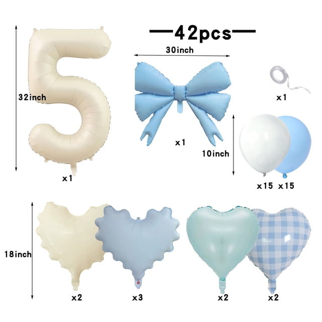 Light Blue Love Number 42pcs Balloon Set, Fresh Checkered Heart Balloons, Suitable for Baby Birthday Balloon Decorations.