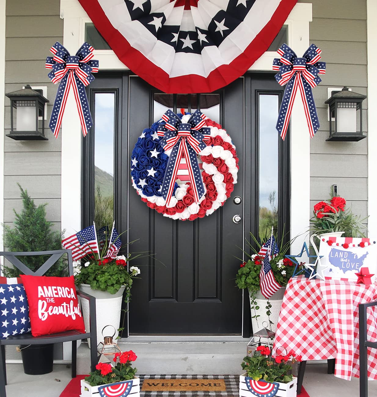 Blue 2 Pack Patriotic Ribbon Bows for Wreath and Holiday Decor