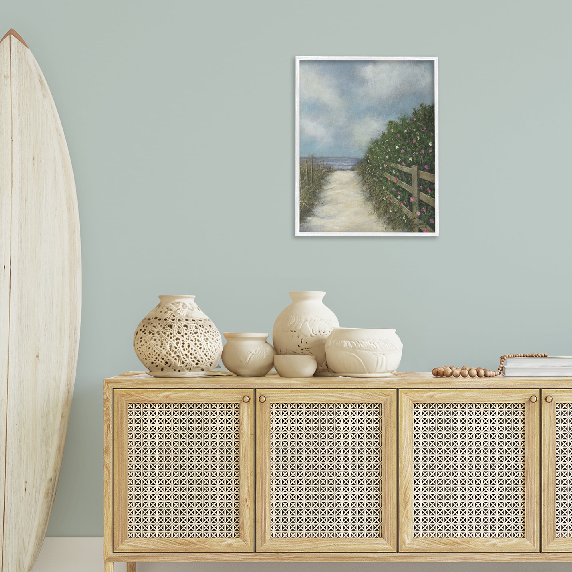 Stupell Industries Floral Lined Beach Path Landscape Painting White Framed Art Print Wall Art, 24 x 30