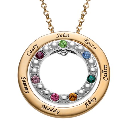 Personalized Women's Gold or Rhodium Plated Family Two-Tone Double Disc Name and Birthstone Pendant