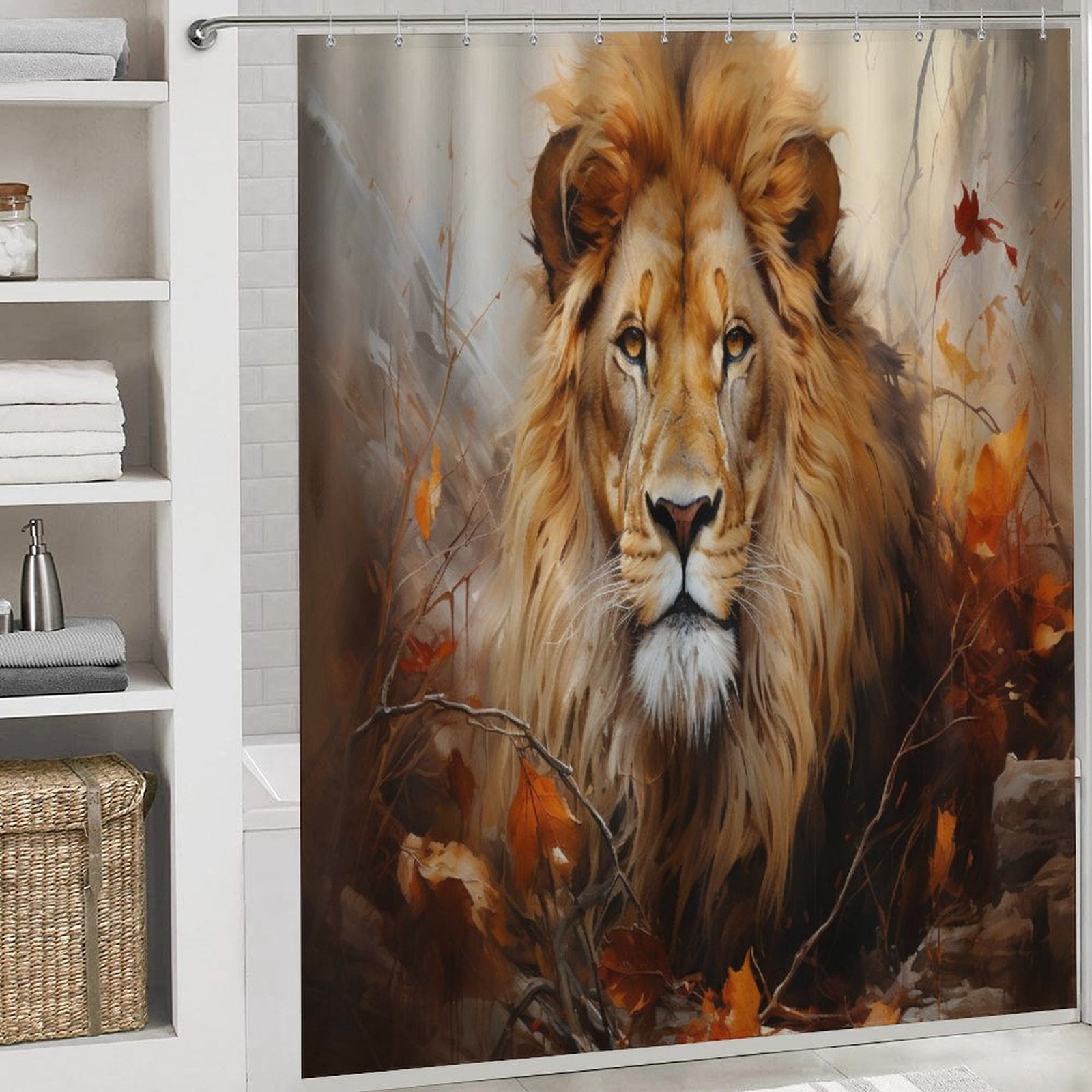 Artistic Lion Face 4 Piece Bathroom Rug Set with Shower Curtain with Rugs Toilet Lid Cover And Bath Mat Wild King Animal Waterproof Shower Curtain for Bathroom Decor