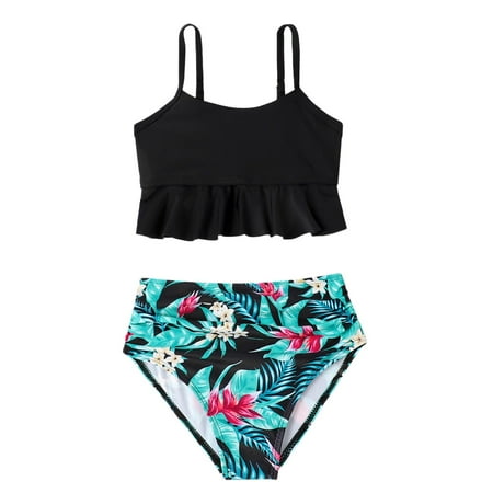 

ketyyh-chn99 Pajamas for Family Parent Child Bikini Mother Daughter Swimsuit Suit Ruffled Tops Leaf Print Pants Suit For