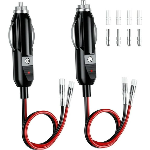 2 Pack 12V Fused Replacement Male Plug Adapter with Leads & LED Light, 16AWG Extension Cable with 15A Fuse C