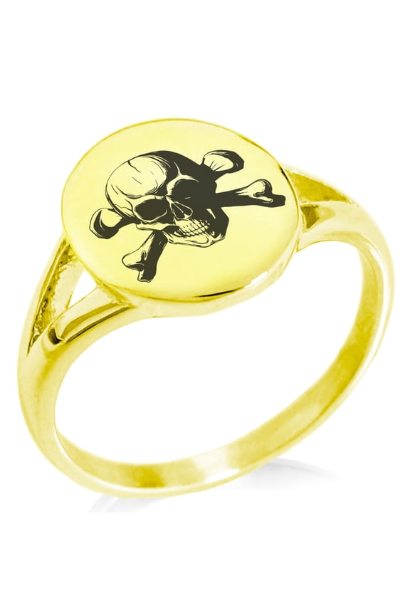Stainless Steel Iconic Pirate Crossbones Skull Minimalist Oval Top Polished Statement Signet Ring