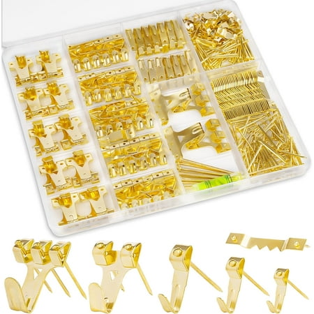 Picture Hangers 385Pcs Picture Hanging Kit with Heavy Duty Picture Hanging Hooks Sawtooth Hardware Nails and Picture Hanging Tool Wall Hangers for Frame Painting Art Photo (Gold)