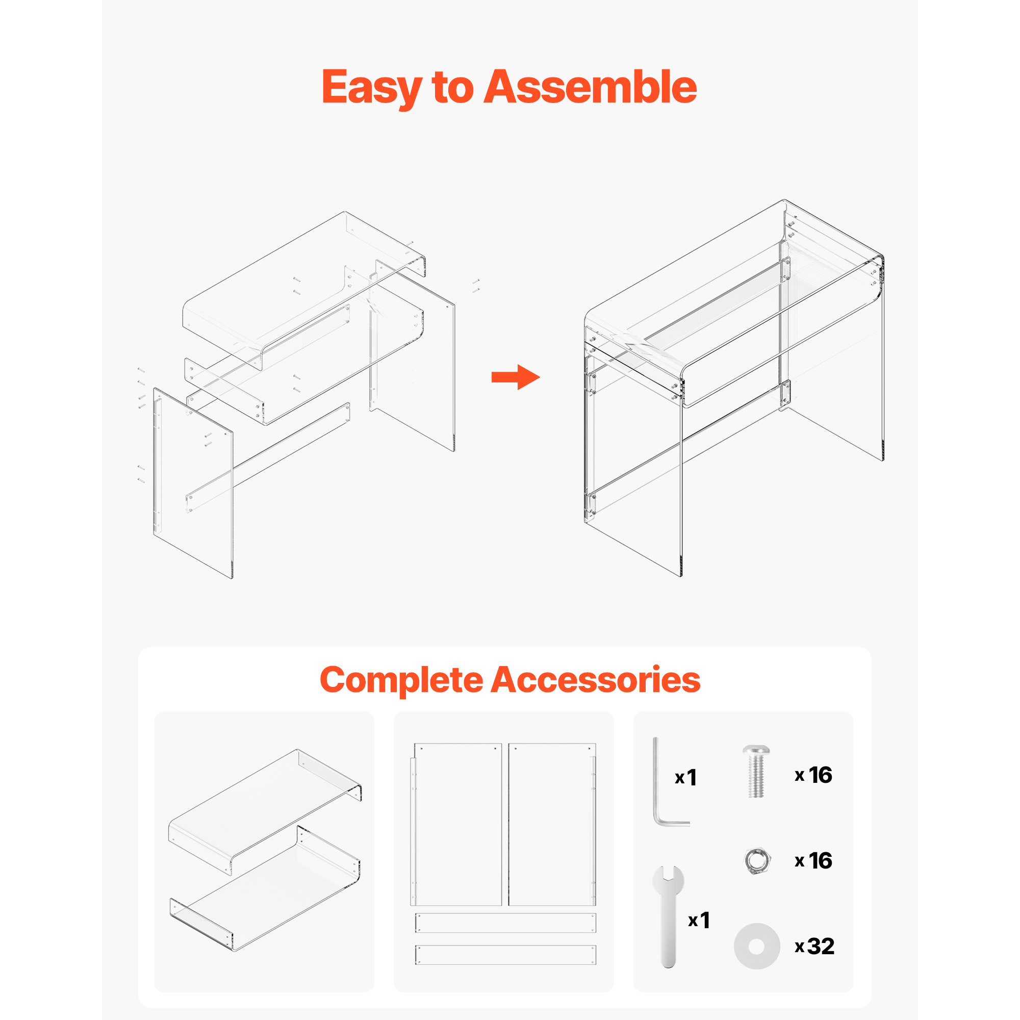 KFFKFF Acrylic Table, Clear End Table Featuring Storage Shelf, Modern Rectangular Side Desk, Transparent Thick Nightstand for Bedroom, Office, or Living Room, 15.7 x 33.5 x 29.5 in (Clear)