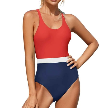 TrendVibe365 Vintage Swimsuit for Women Red One Piece Thong Solid Swimwear Beachwear L