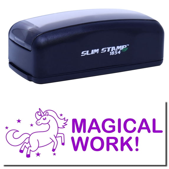 Large Pre-Inked Magical Work Stamp, Slim 1854, Ultra Slim Design, Impression Size 1-13/16" by 2-1/2", Up to 25,000 Impressions - Purple Ink