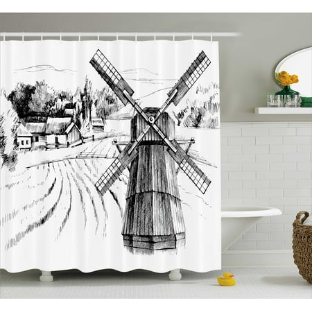 Landscape Shower Curtain, Hand Drawn Rural Scenery Small Town Farm Houses Forest and Mill Romantic Sketch, Fabric Bathroom Set with Hooks, Black White, by