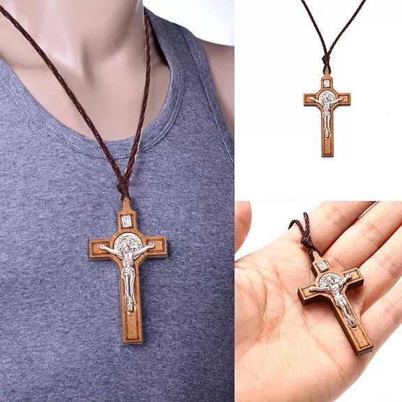 HOOUN Retro Jesus Cross Necklace Wood Metal Pendant Jewelry Charm Necklace G-ca@