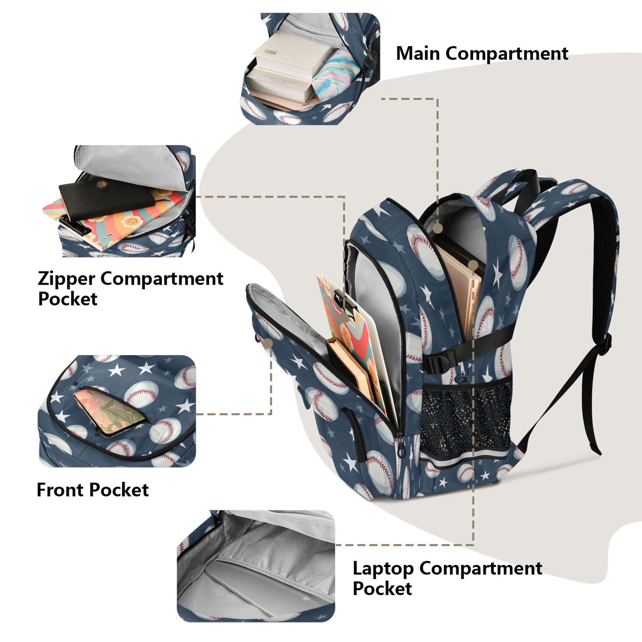 30L Backpack Durable Computer Bag for College & Travel Lightweight Daypack Fits 15.6" Laptop Baseball Stars Pattern