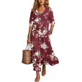thumbnail image 4 of Ayolanni V Neck Fall Dresses for Women Plus Size 3/4 Sleeve A-Line Maxi Dresses Boho Beach Floral Babydoll Long Dress Red L, 4 of 7