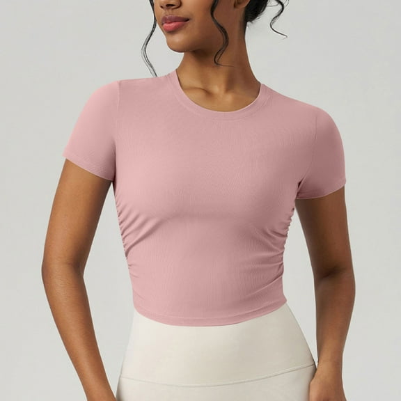 Vivianyn HD Women's Crew Neck Ruched Crop Tops, Ribbed Knit Short Sleeve Workout Tops,Hot Pink,Size S-XL